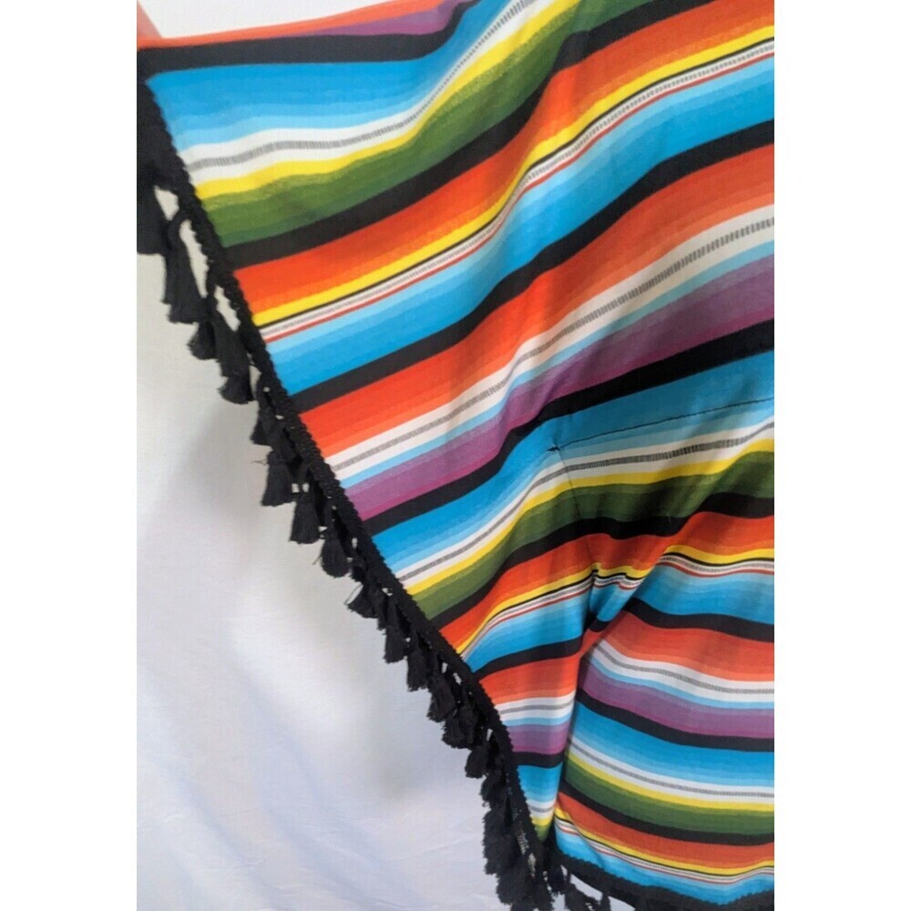Southern Stitch Women's Medium Serape Stripe Poncho Blouse Tassel Fringe V-Neck - Picture 3 of 9